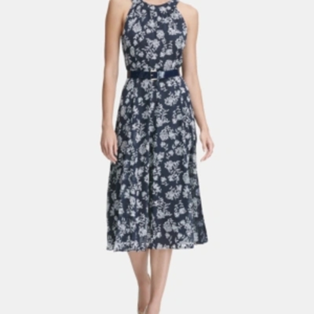 Blue and White Sundress with Sleeveless Halter Neckline